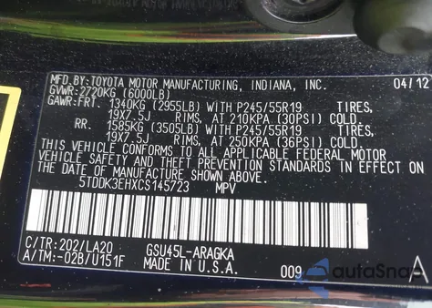 2012 Toyota Highlander Limited V6 from USA, damaged, VIN 5TDDK3EHXCS145723